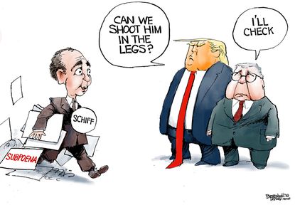 Political Cartoon U.S. Trump William Barr Adam Schiff Subpoena Impeachment Inquiry