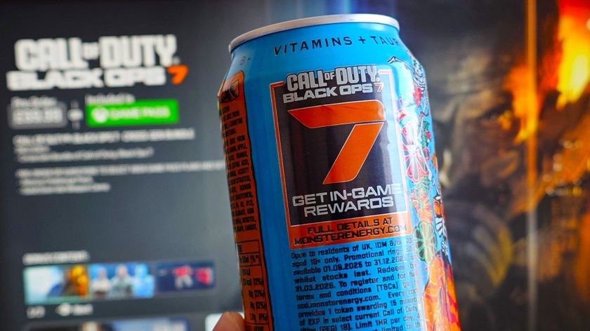 A Black Ops 7 promotional Monster Energy can in front of the Xbox Store listing for the game. 