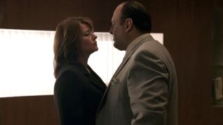 Dr. Jennifer Melfi (Lorraine Bracco) and Tony Soprano (James Gandolfini) have an awkward encounter on The Sopranos