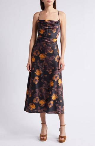 Amberlust Floral Square Neck Satin Midi Dress