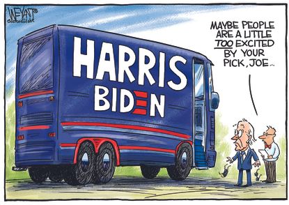Political Cartoon U.S. Joe Biden Kamala Harris Campaign Bus Vice President