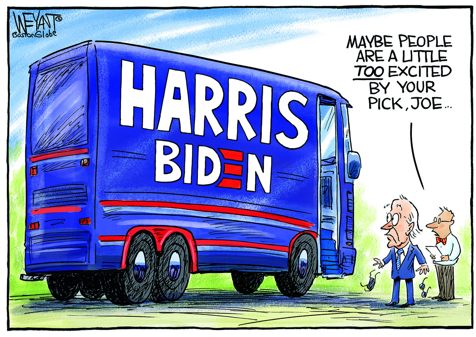 Political Cartoon U.S. Joe Biden Kamala Harris Campaign Bus Vice