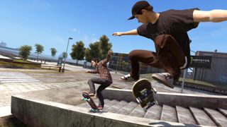 A screenshot of two skaters flipping down a flight of stairs in the upcoming PC game Skate 4.