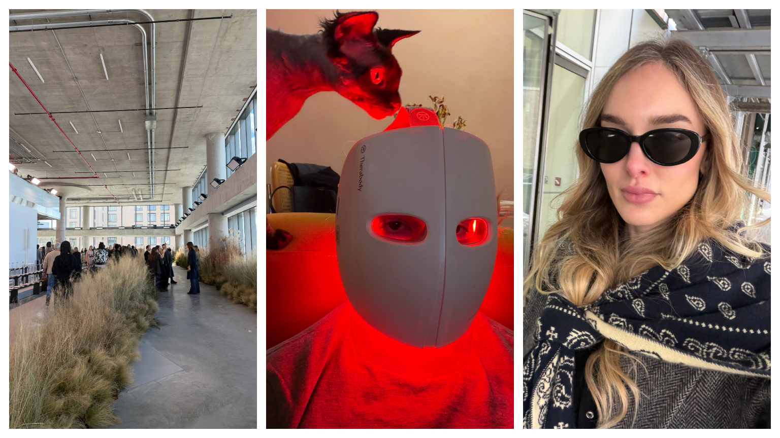 luxury beauty trio of photos with a woman in a red light mask, wearing a scarf and sunglasses, and a runway with large windows