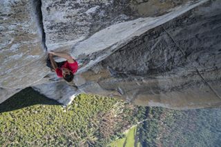 Alex Honnold making the first free solo ascent of El Capitan's Freerider in Yosemite National Park, CA in Free Solo