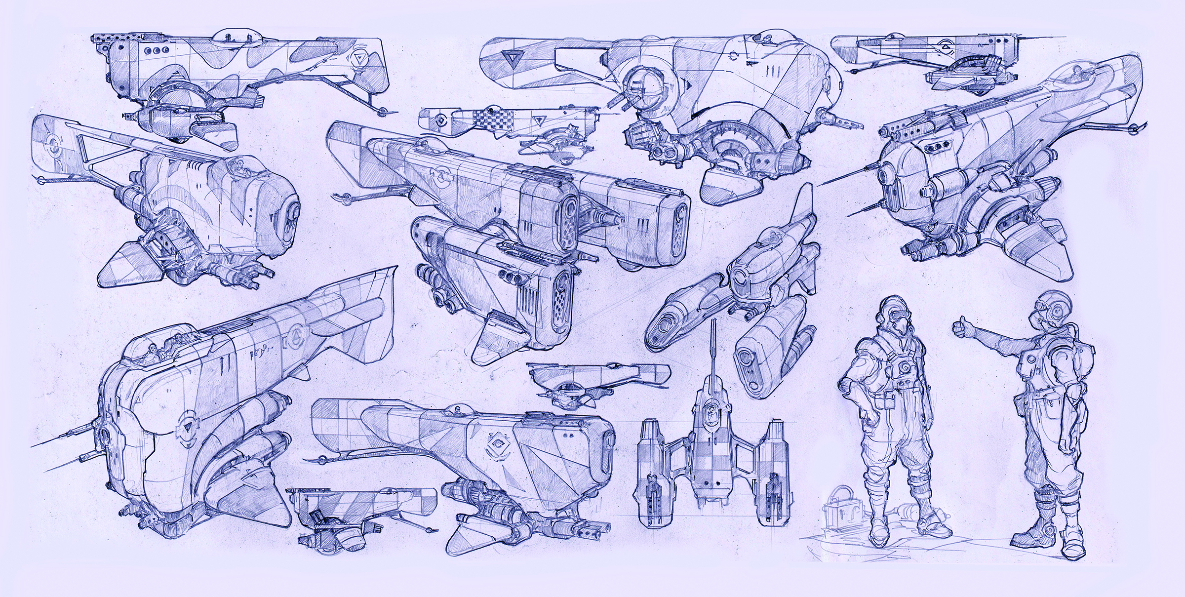 Sketches of characters and machines for concept art