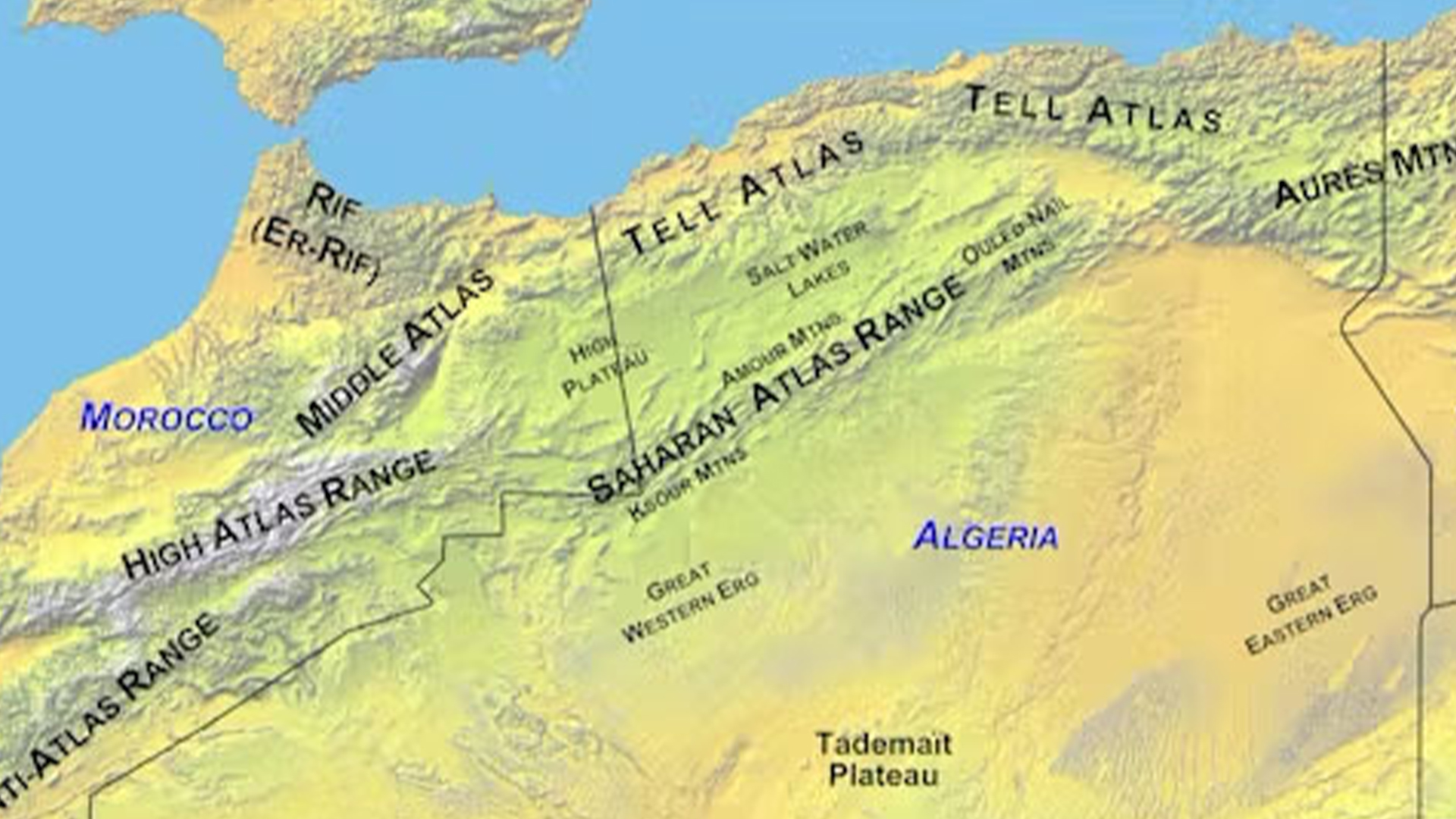 Map of the Atlas Mountains in northern Africa.