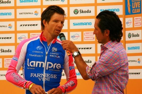 German Danilo Hondo (Lampre-Farnese Vini) gives an interview during the riders sign-on before the race.