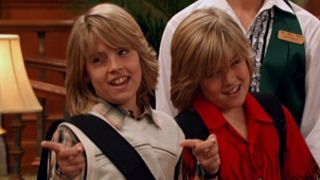 Cody (Cole Sprouse) and Zack (Dylan Sprouse) Martin address someone on The Suite Life of Zack & Cody