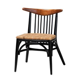 Black spindle-backed chair with curved teak top and cream woven seat with rounded wooden support arches