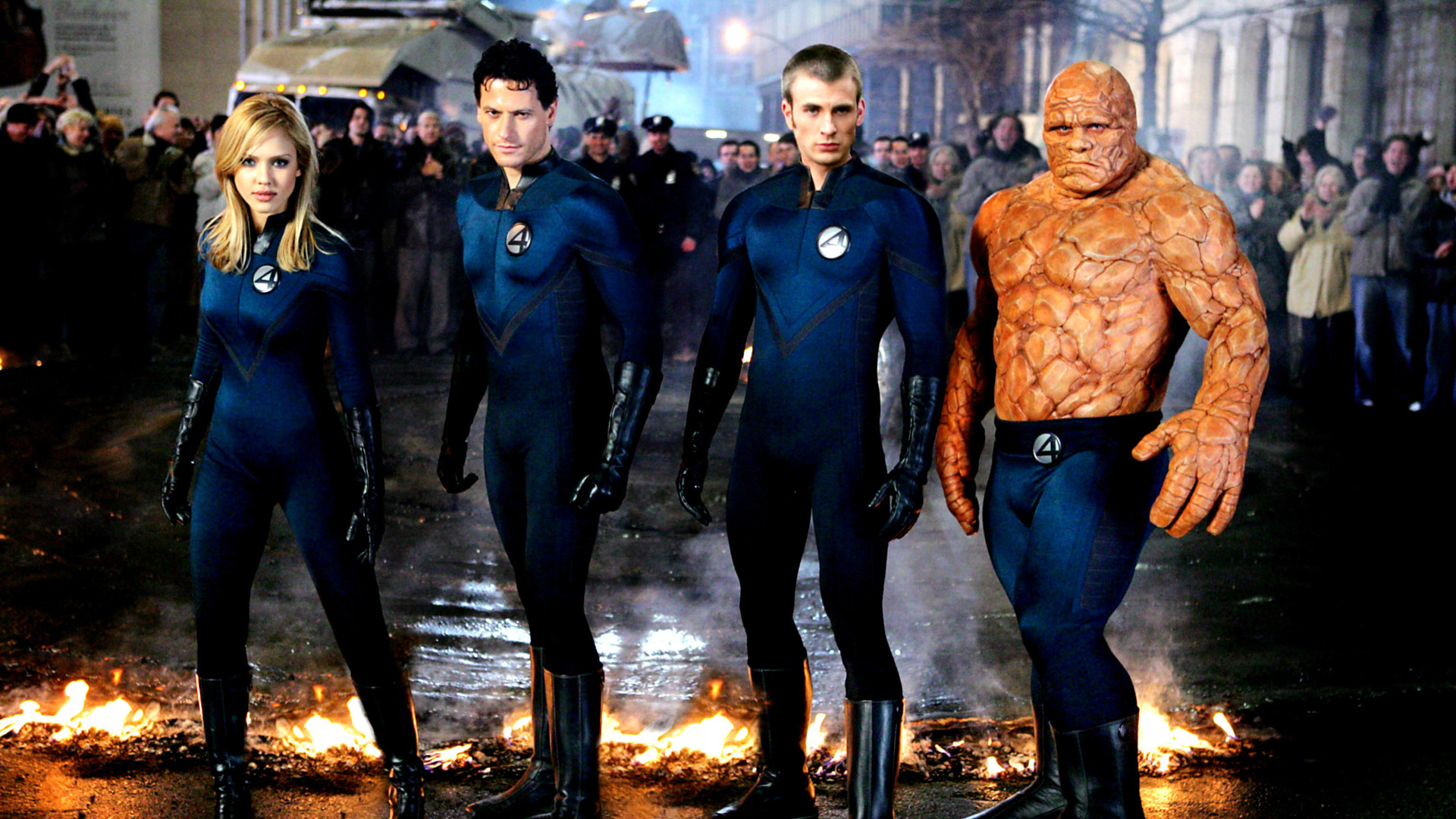 Sue Storm (Jessica Alba), Reed Richards (Ioan Gruffudd), Johnny Storm (Chris Evans) and The Thing (Michael Chiklis) in 2005&#039;s Fantastic Four