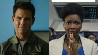 Tom Cruise smiling in Top Gun: Maverick/Sarah Niles looking nervous in F1