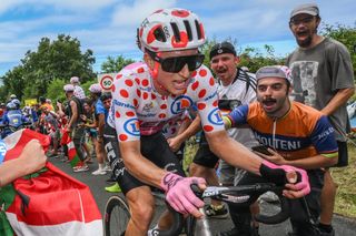 Neilson Powless in polka dot jersey at the 2023 Tour de France