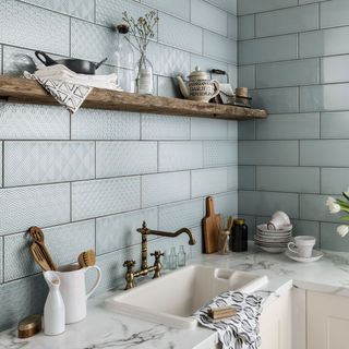 Topps Tiles Attingham Seagrass geometric décor tile show in kitchen