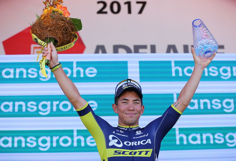 Caleb Ewan on the stage 3 podium at Tour Down Under