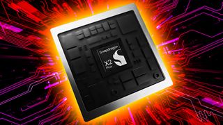 Qualcomm Snapdragon X2 Plus on a pink and purple background. 