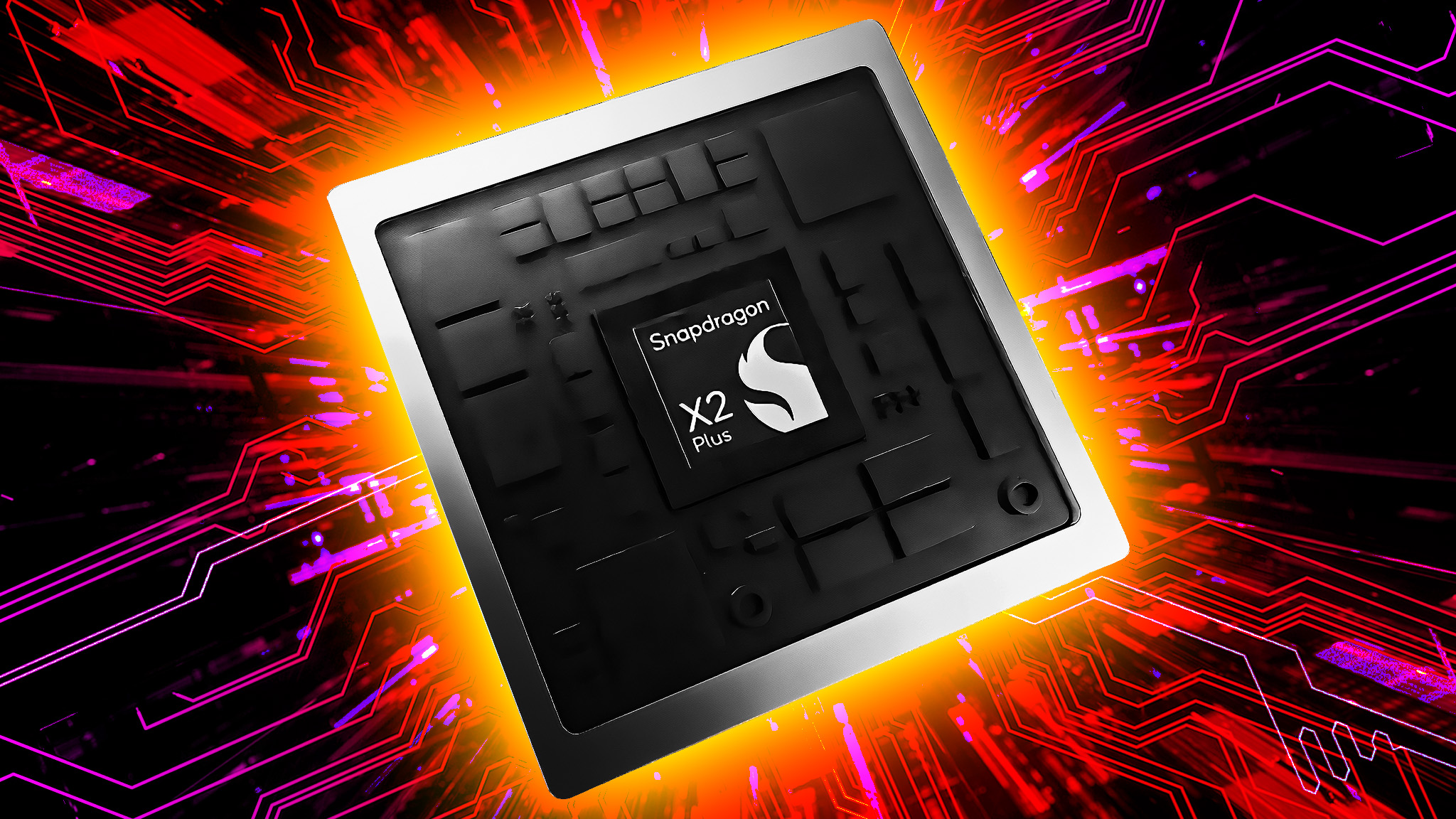 Qualcomm Snapdragon X2 Plus on a pink and purple background. 