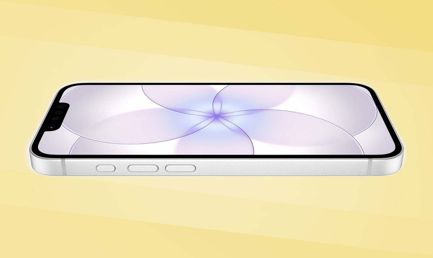 iPhone 17e on its back with yellow background.