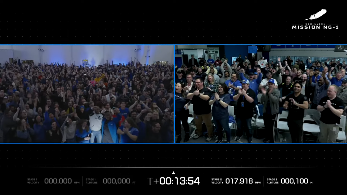 Blue Origin employees in Kent, Washington (left) and Huntsville, Alabama, cheer as the company's New Glenn rocket launches for the first time.
