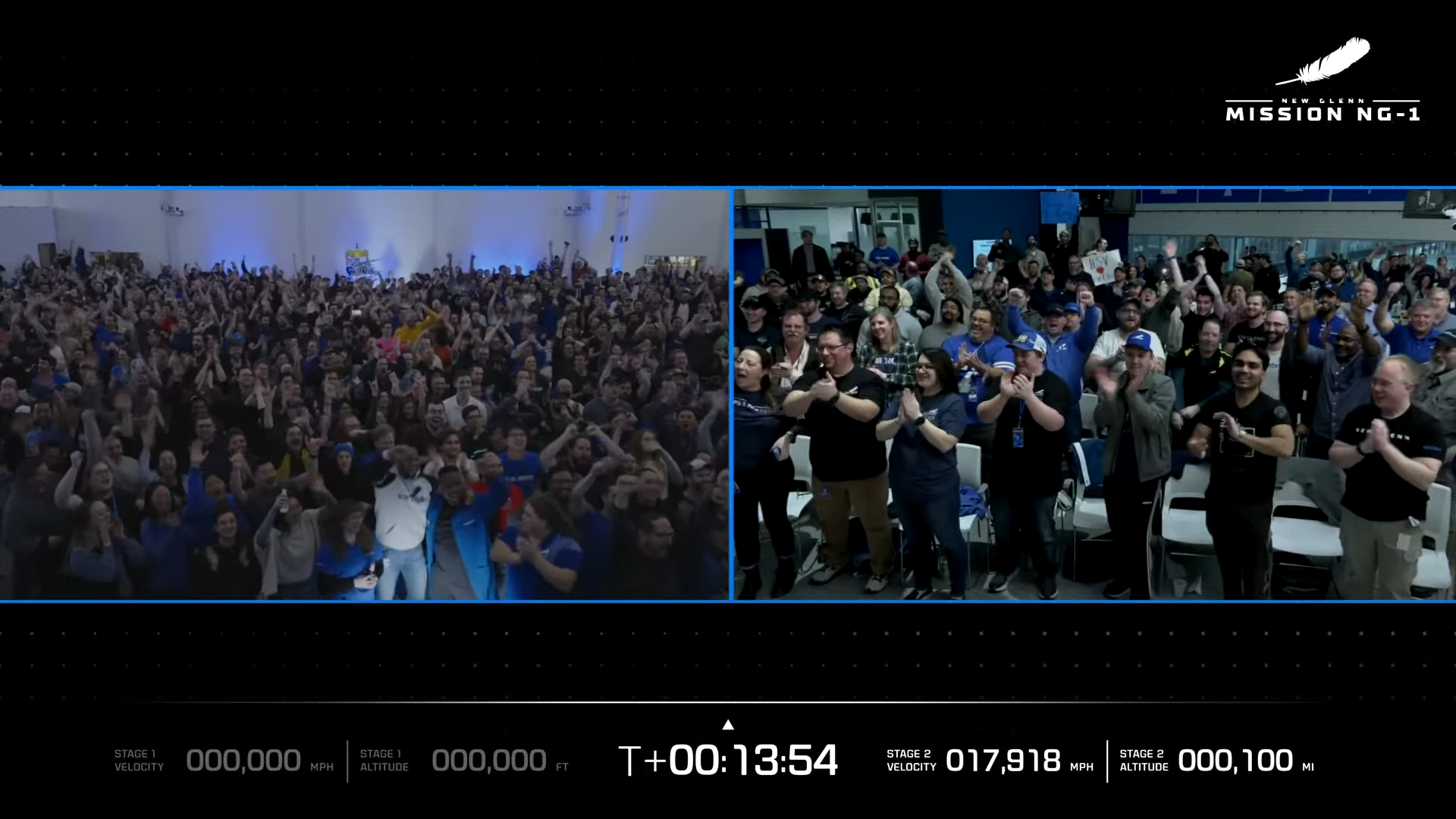 split screen showing two crowds of people applauding during a rocket launch