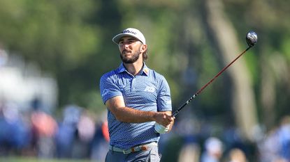 Max Homa playing his second shot on the ninth hole in the third round of the Players Championship.