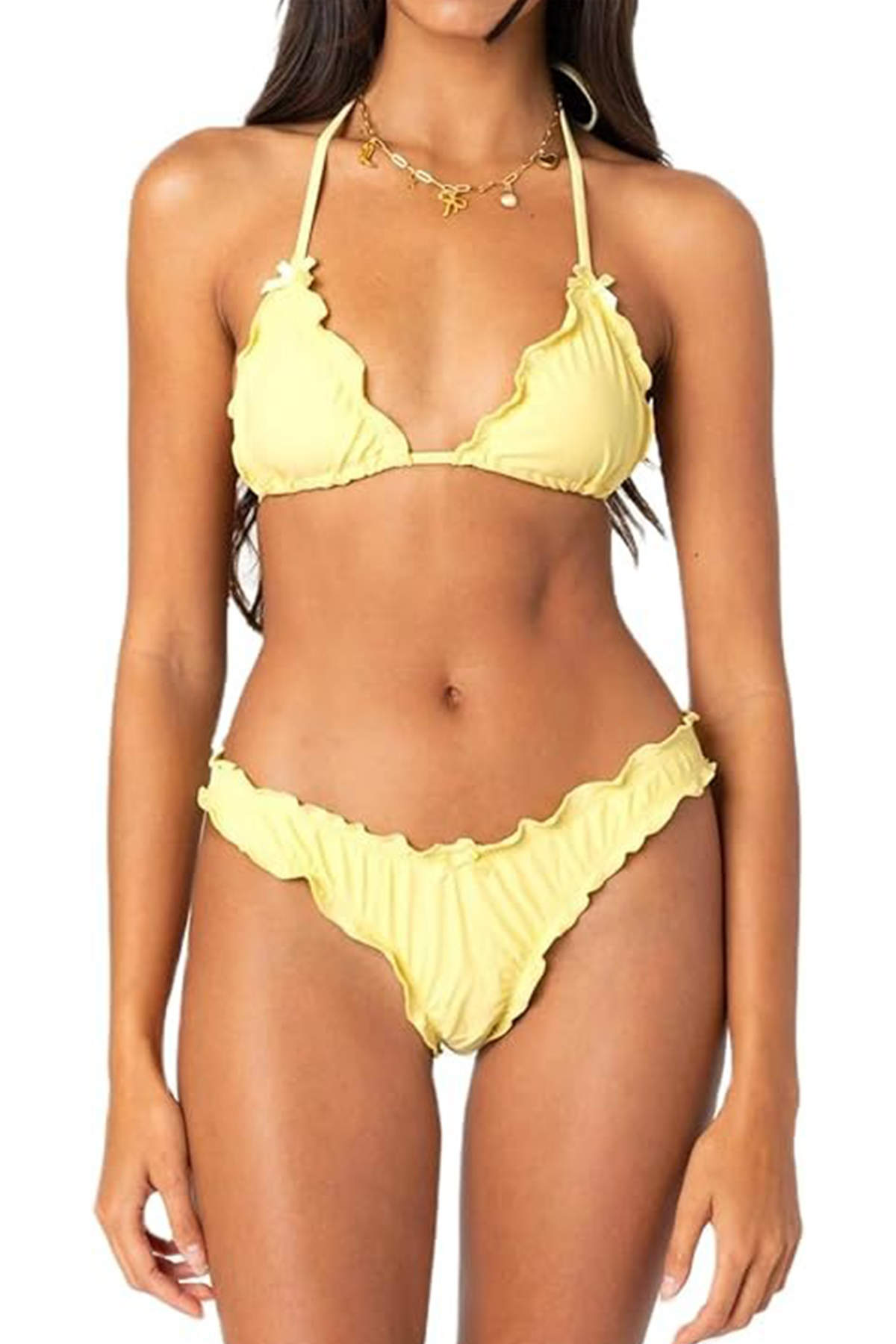 Alyweatry Women Y2k Bikinis Sets Coquette Aesthetic Bows Halter Tie Up Bikini Top High Cut Elastic Waist Bikini Bottom (yellow With Ruffles, M)