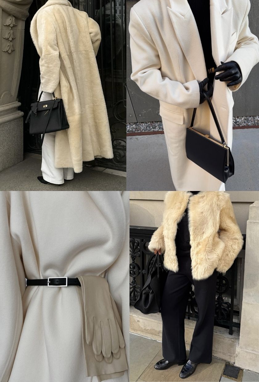 close-up shots of a long faux-fur cream coat, ecru wool coat, ecru wool wrap coat with a black belt and tan gloves and a cream cropped faux-fur jacket