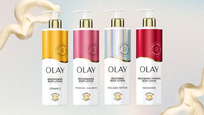 The lineup of four Olay body lotions on a pastel watercolour background with cream product swatches