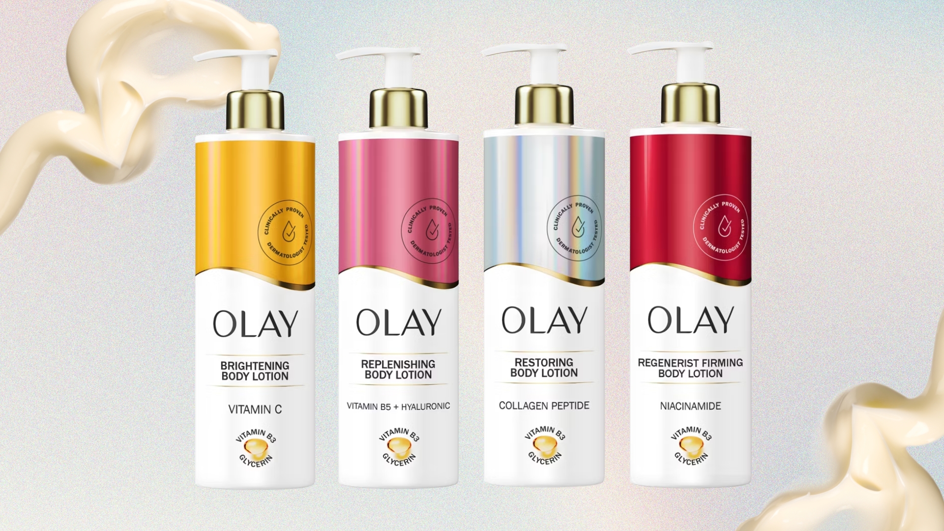 The lineup of four Olay body lotions on a pastel watercolour background with cream product swatches