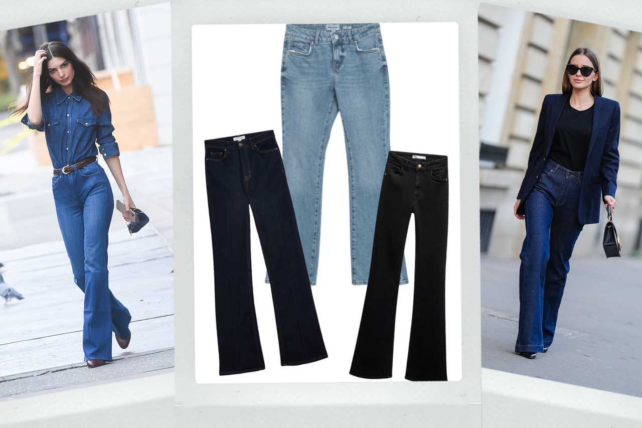 a collage showing celebrities wearing the best flared jeans for women