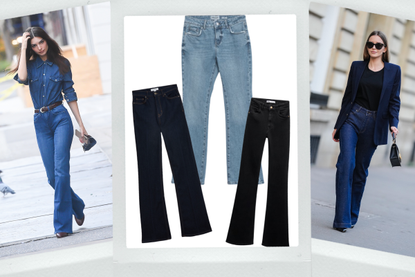 a collage showing celebrities wearing the best flared jeans for women