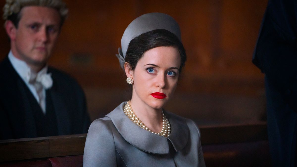 Claire Foy in court as Margaret, The Duchess of Argyll in A Very British Scandal