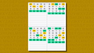Quordle daily sequence answers for game 764 on a yellow background