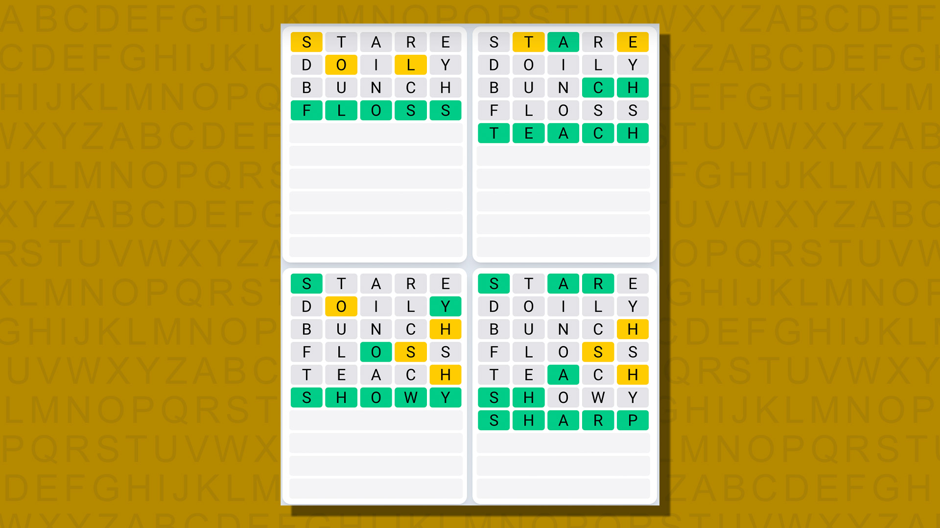 Respuestas de secuencia diaria de Quordle para el juego 764 sobre un fondo amarillo