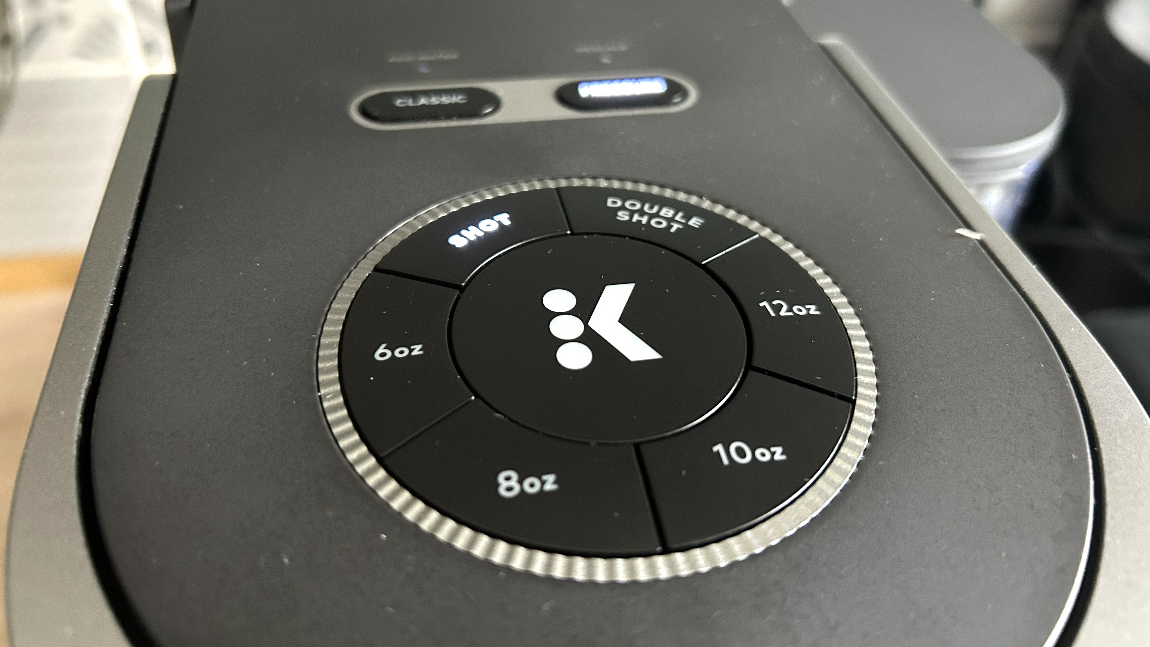 Top of Keurig K-Crema capsule espresso machine. with control buttons