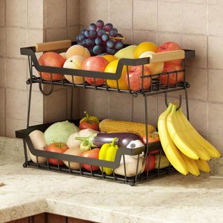 GILLAS 2 Tier Countertop Fruit Basket with 2 Banana Hangers for Kitchen