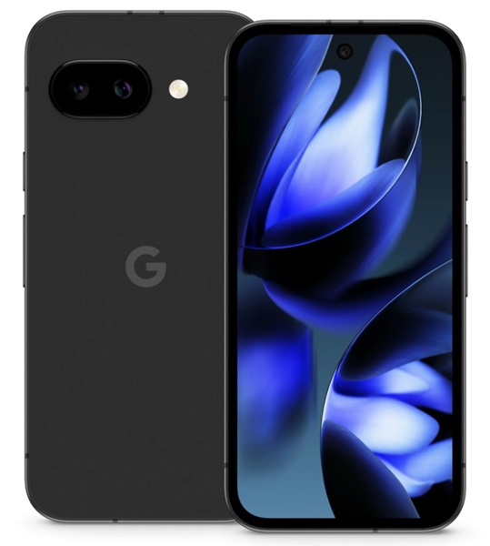 A leaked render of the Pixel 9a in an Obsidian (Black) color option. The display features slightly thicker bezels compared to the flagship Pixel 9 series and a camera visor that's flush to its rear panel.