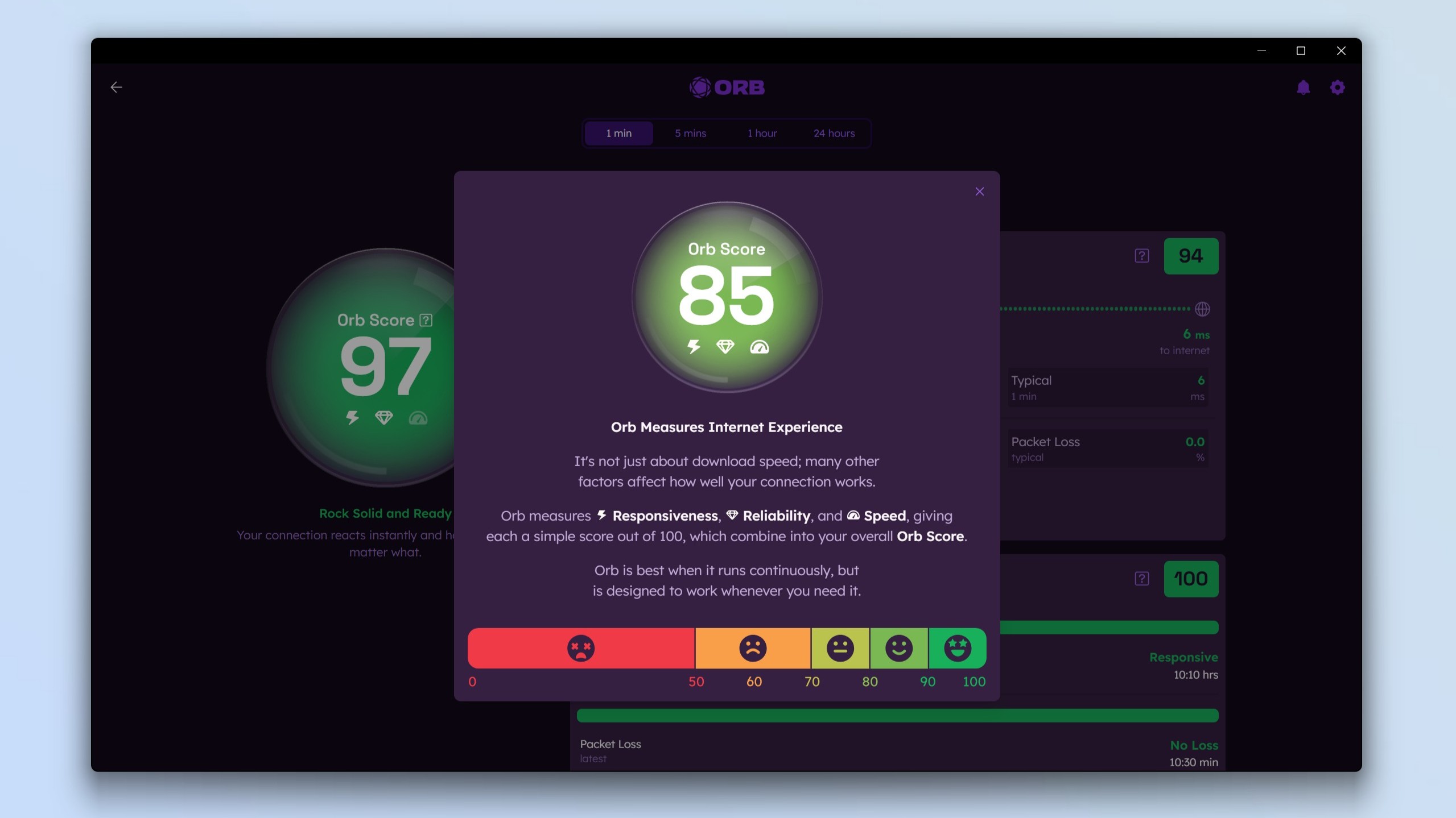 A screenshot showing the Orb app with a detailed explanation as to what makes up an Orb Score