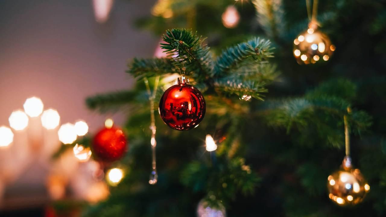  A close up of a Christmas tree decorated with red and gold baubles. 