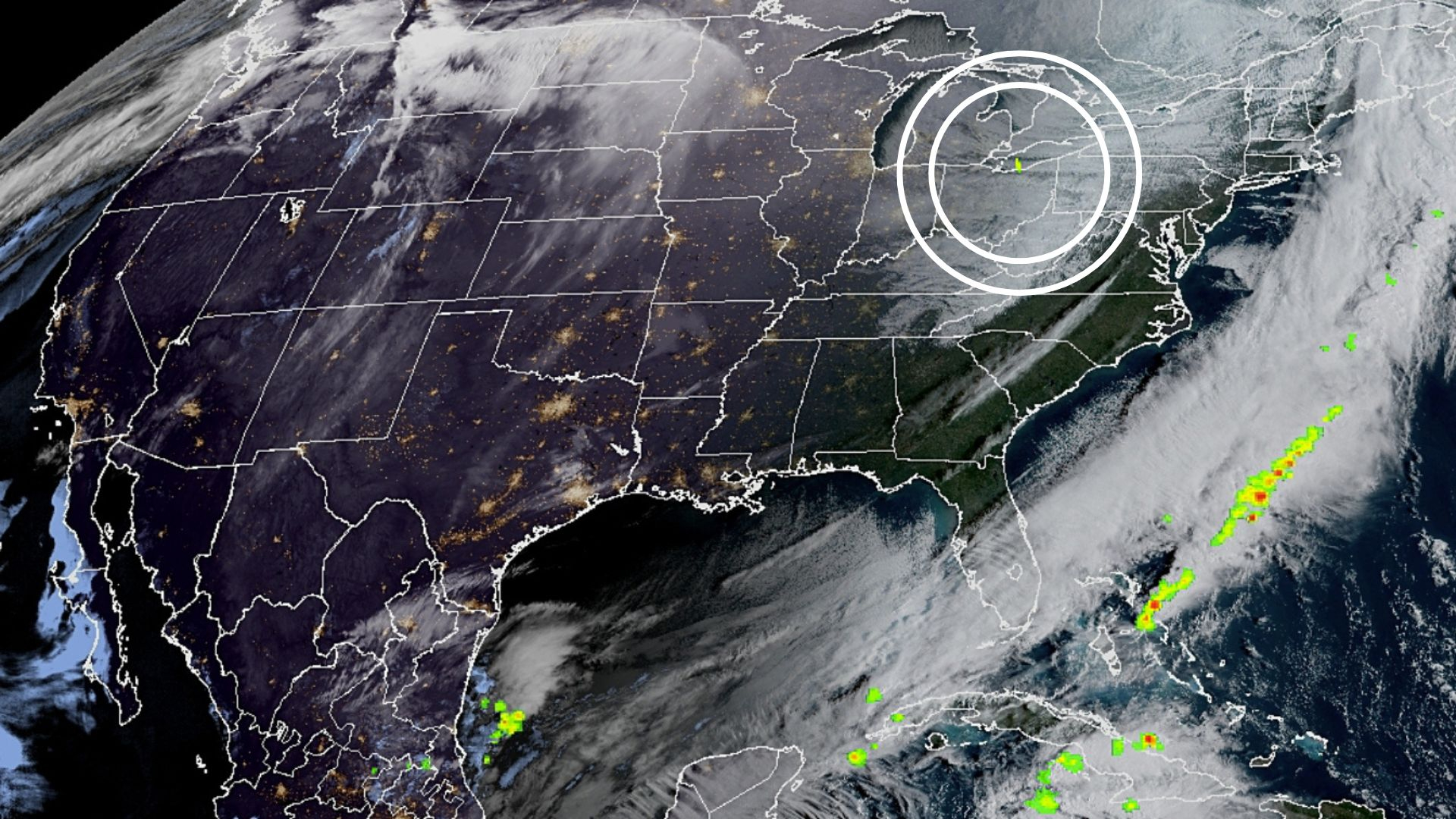 A satellite view of America is shown with state boundaries outlined in white. White circles indicate the location of a fireball occurrence that was spotted from orbit.