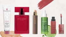 Collage of the woman&home beauty team's all-time favourite beauty products, including Elizabeth Arden's Eight Hour Cream, Narciso Rodriguez For Her, Merit's Complexion Stick, Tropic Rainforest dew and Maybelline Superstay Vinyl Ink Long Lasting Liquid Lipstick on a cream background with makeup and skincare swatches