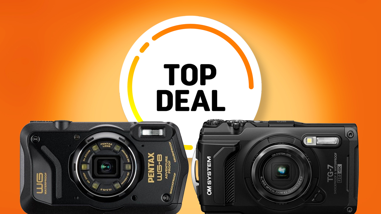 Two rugged cameras, Pentax WG-8 and OM System TG-7, displayed against a bright orange background with a &quot;Top Deal&quot; badge