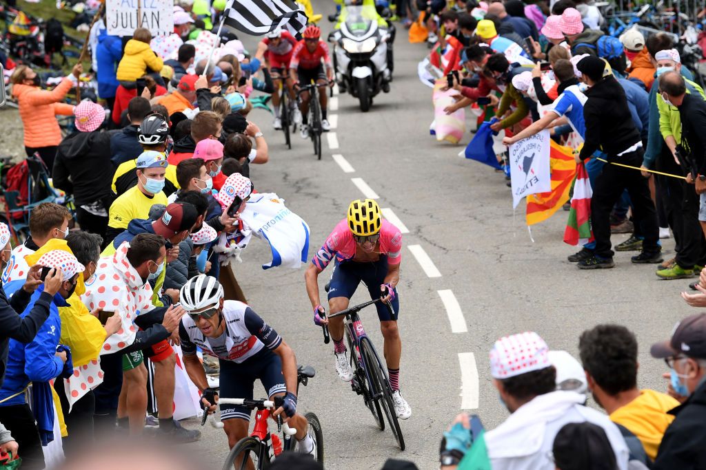 LARUNS FRANCE SEPTEMBER 06 Richie Porte of Australia and Team Trek Segafredo Rigoberto Uran of Colombia and Team EF Pro Cycling Public Fans Breakaway during the 107th Tour de France 2020 Stage 9 a 153km stage from Pau to Laruns 495m TDF2020 LeTour on September 06 2020 in Laruns France Photo by Tim de WaeleGetty Images