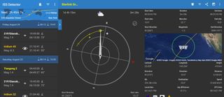 The ISS Detector app lists the upcoming passes (left panel) in chronological order. The animated Radar pane (center panel) shows the trajectory of the selected pass with colored symbols for the moon and planets. During a satellite pass, when you orient your device to place the tip of the compass on the yellow indicator, your phone or tablet screen will be aimed in the sky at the passing satellite.