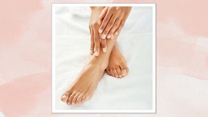 A close up of hands and feet with a pale pink manicure and pedicure/ in a pink watercolour paint-style template