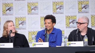Sam Reid, Jacob Anderson, and Rolin Jones speak onstage during Anne Rice's "Interview with the Vampire" panel during 2022 Comic Con International: San Diego at San Diego Convention Center on July 23, 2022 in San Diego, California.