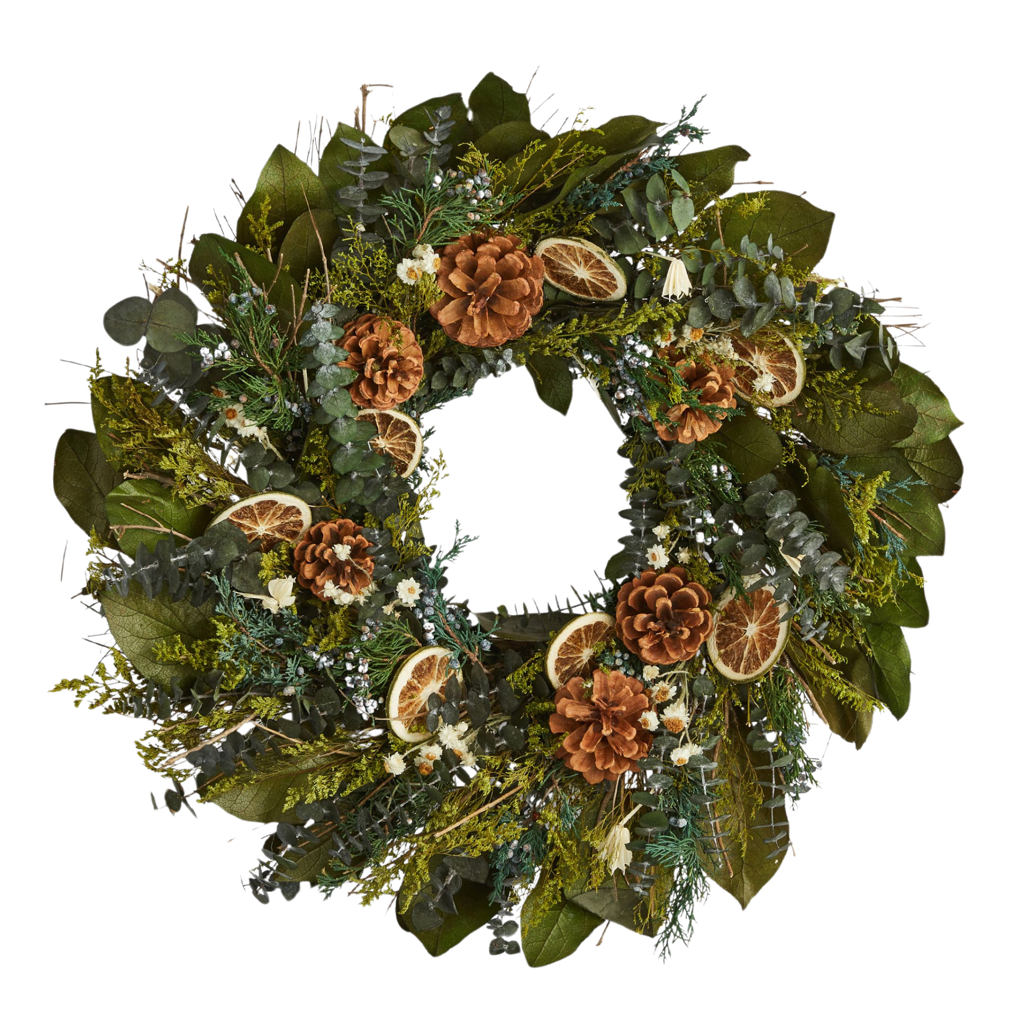 a decorative wreath with dried fruits and pinecones