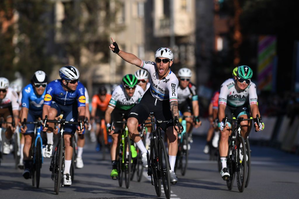 ROQUETAS DE MAR SPAIN FEBRUARY 14 Arrival Stijn Steels of Belgiumand Team Deceuninck QuickStep Giacomo Nizzolo of Italy and Team Team Qhubeka Assos Celebration Martin Laas of Estonia and Team BORA hansgroheduring the 34th Clsica de Almeria 2021 a 1833km race from Pueblo de Vicar to Roquetas de Mar ClasicaAlmeria21 on February 14 2021 in Roquetas de Mar Spain Photo by Tim de WaeleGetty Images
