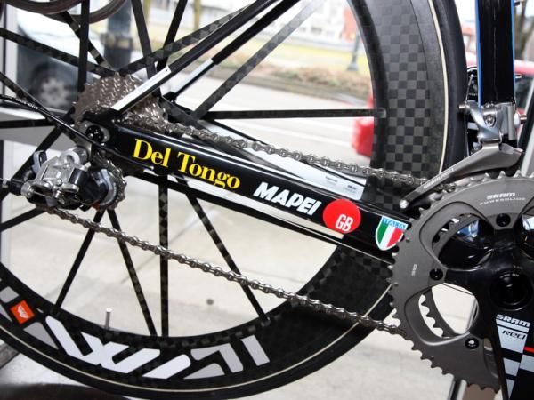 Some of Franco Ballerini's team logos decorate the chain stay.