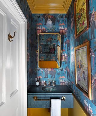 Blue and yellow powder room